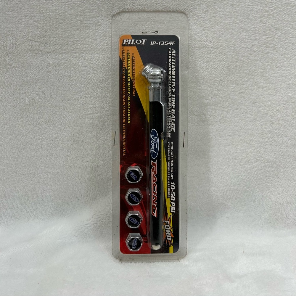 Ford Pen Style Auto Vehicle Car Tire Pressure Gauge 10-50 PSI & Valve Stem Caps